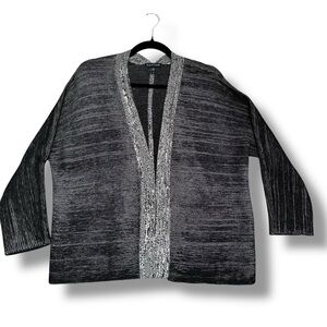 Eileen Fisher Silk Organic Cotton Open Front Striated Cardigan Grey Black Size S